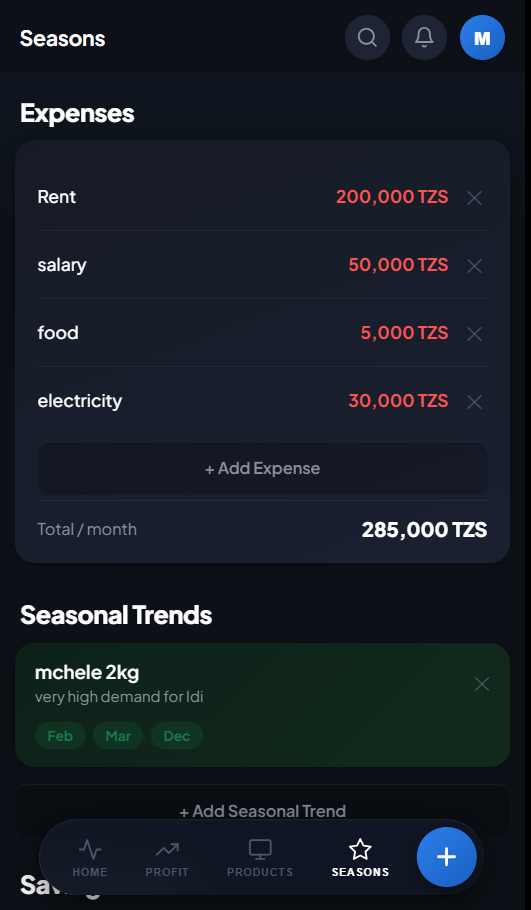 Noraflow seasons and expenses screen